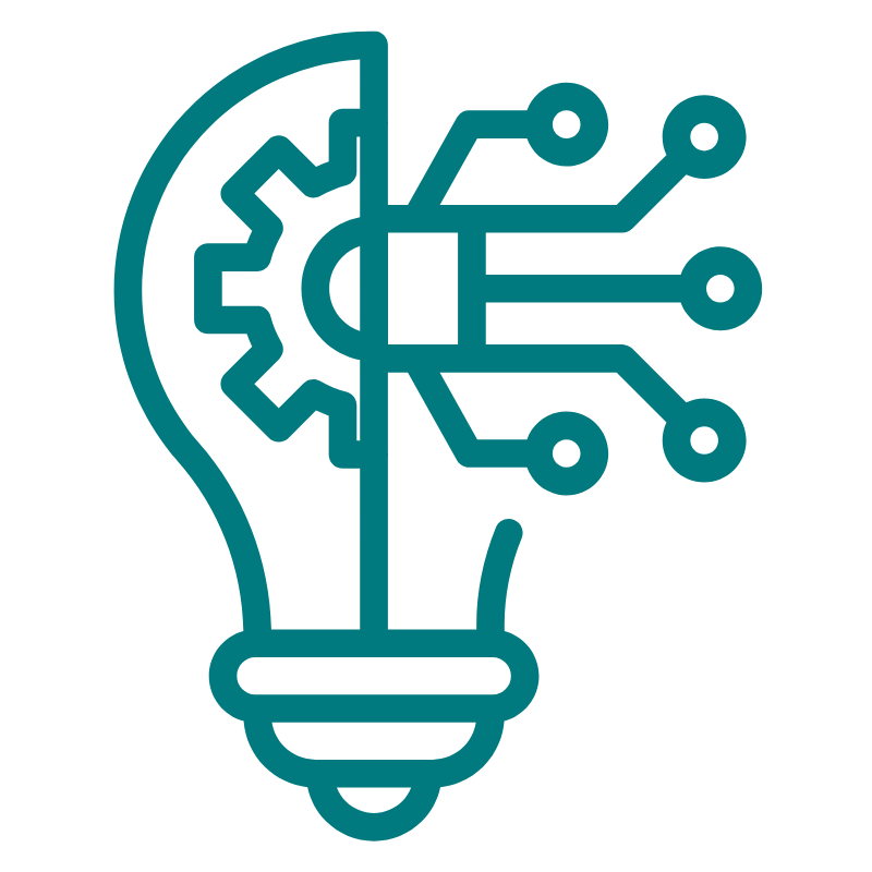 Stylized icon of a light bulb with a half brain and circuit lines inside, representing artificial intelligence and innovation.