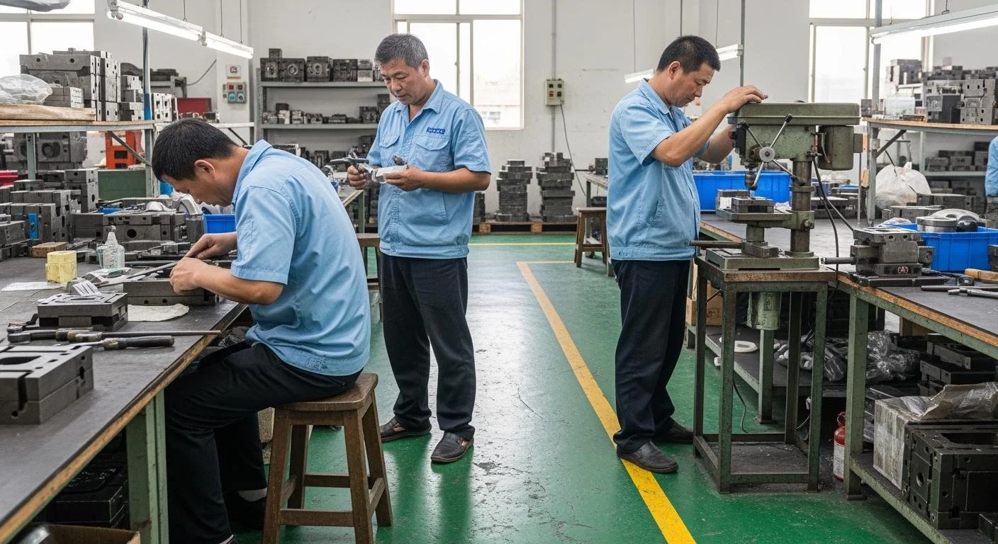 Three workers in blue uniforms working at workbenches with machinery and metal parts in a factory or workshop.