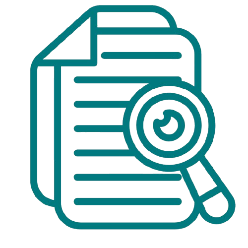 Icon of a document with text lines and a magnifying glass focusing on a pie chart.