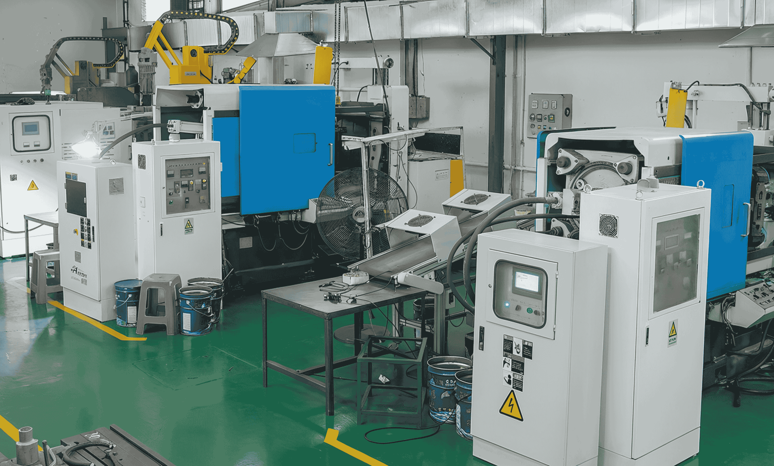 Industrial manufacturing facility with large machinery, control panels, and worktables, on a green floor with yellow safety lines.