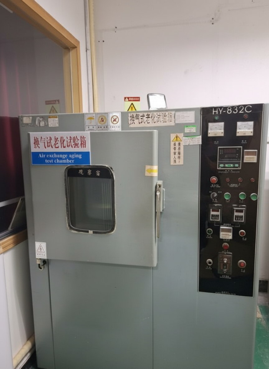 A gray machine labeled 'Air exchange aging test chamber' with a small viewing window and multiple control switches and panels, located in an industrial or laboratory setting.