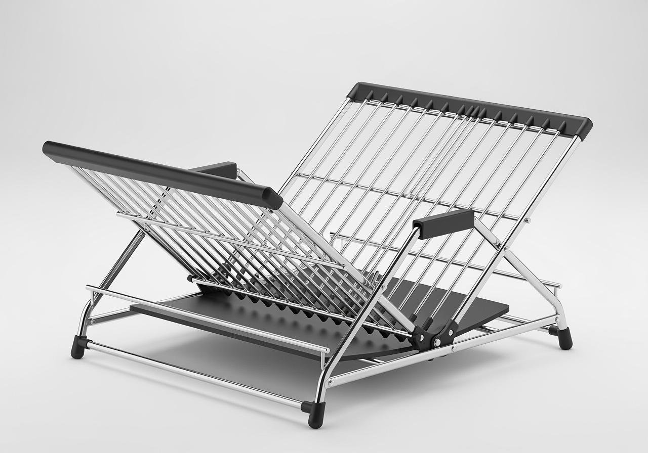 A foldable dish drying rack with metal rods, black accents, and an adjustable tilt, set against a plain white background.