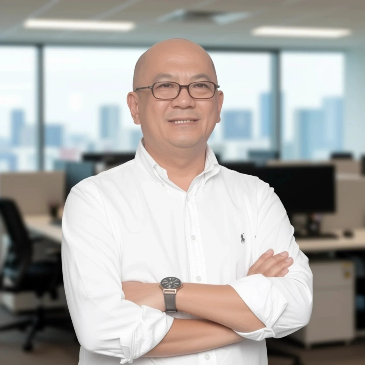 A man with glasses and a white dress shirt standing with arms crossed in an office with large windows and city skyline in the background.
