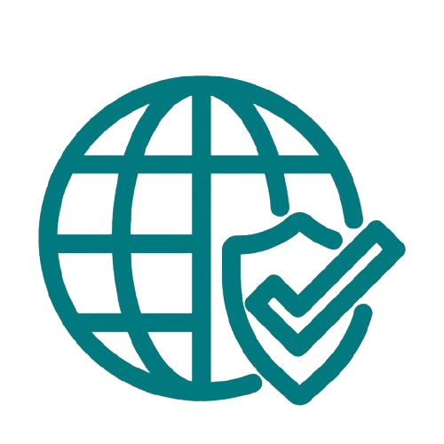 Icon of a globe with a shield and checkmark, representing security or verified global connectivity