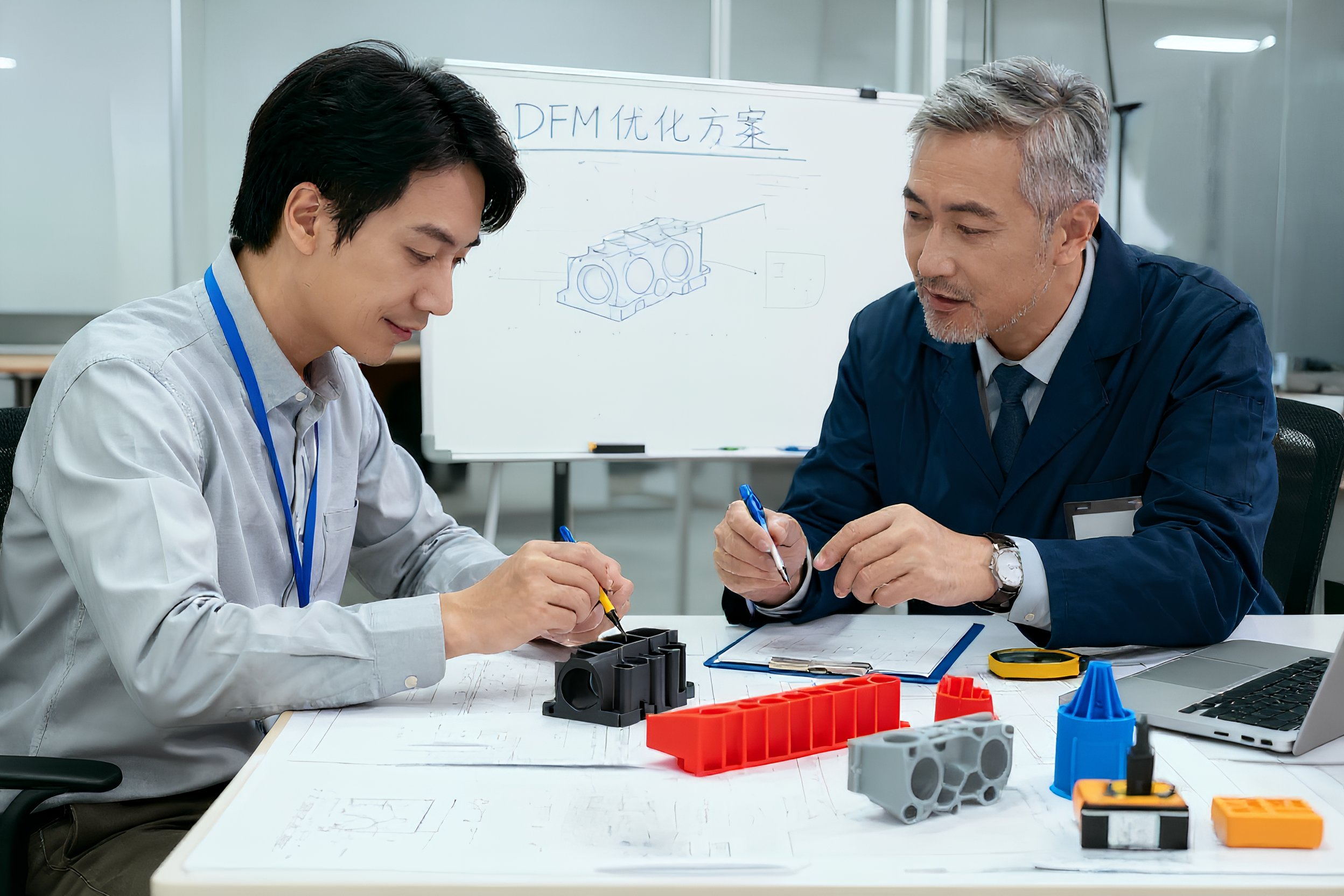 Two men working on engineering prototypes at a table with tools and 3D printed parts, in a modern office setting with technical drawings on a whiteboard in the background.
