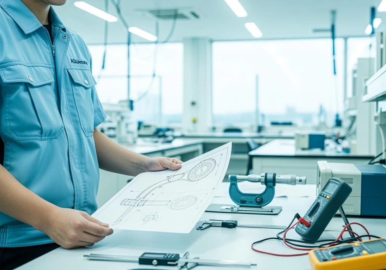 Person in a blue uniform working in a laboratory with scientific instruments, examining a technical drawing.