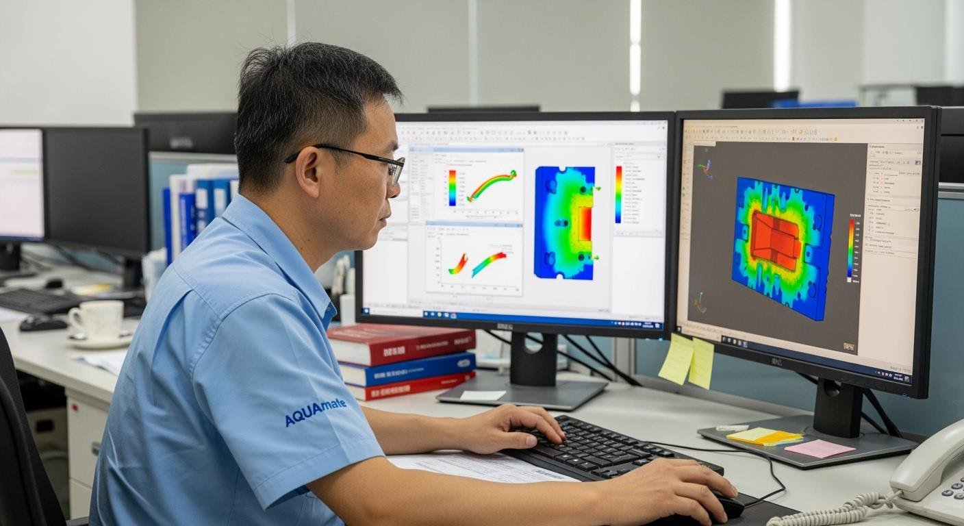 A man in a light blue shirt with 'AQUAMate' written on the sleeve works on multiple computer monitors displaying colorful scientific data visualizations in an office.