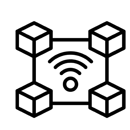 Diagram of a wireless network with four interconnected cubes and a Wi-Fi signal icon at the center.