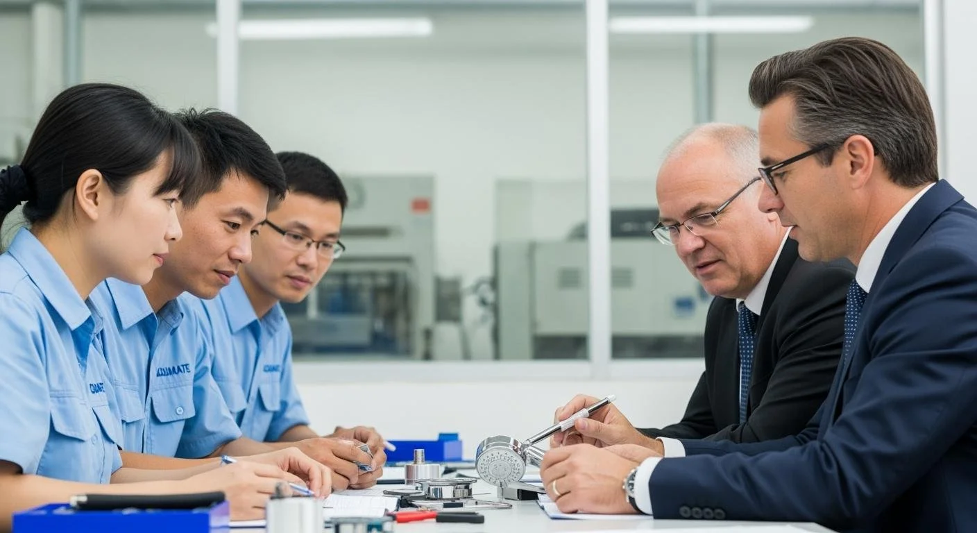 Five people in a meeting room looking at mechanical parts on the table, with three young Asian workers in light blue uniforms on the left and two middle-aged white men in business suits on the right.
