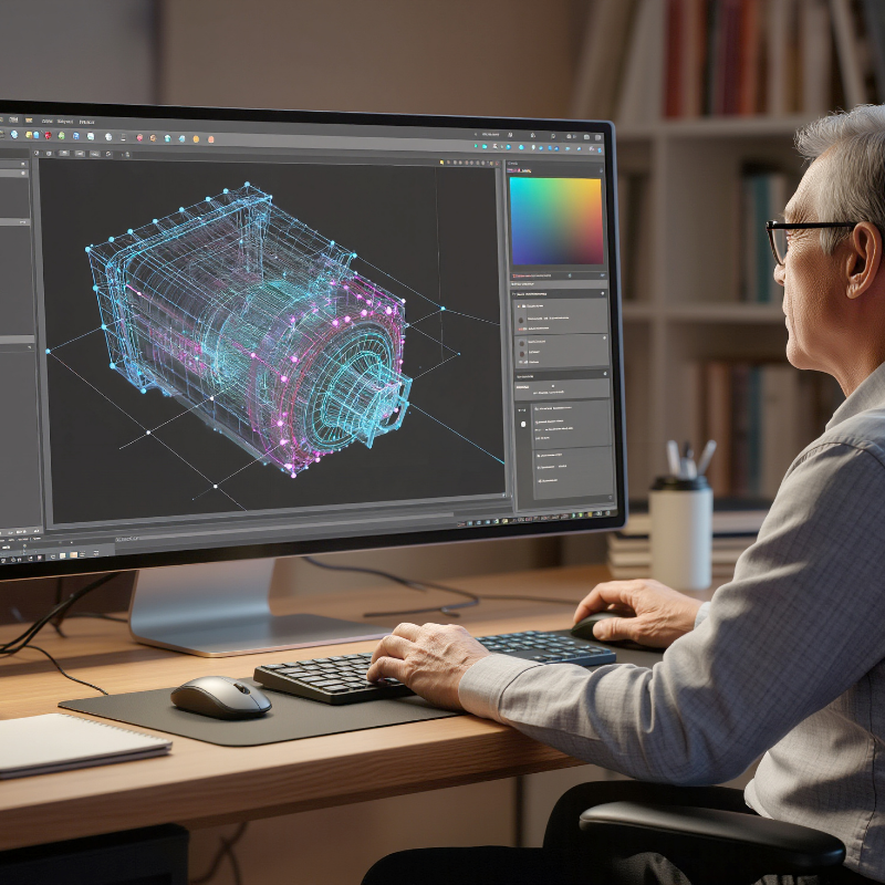 An older man with gray hair and glasses working on a 3D CAD design of a mechanical component on a large computer monitor.