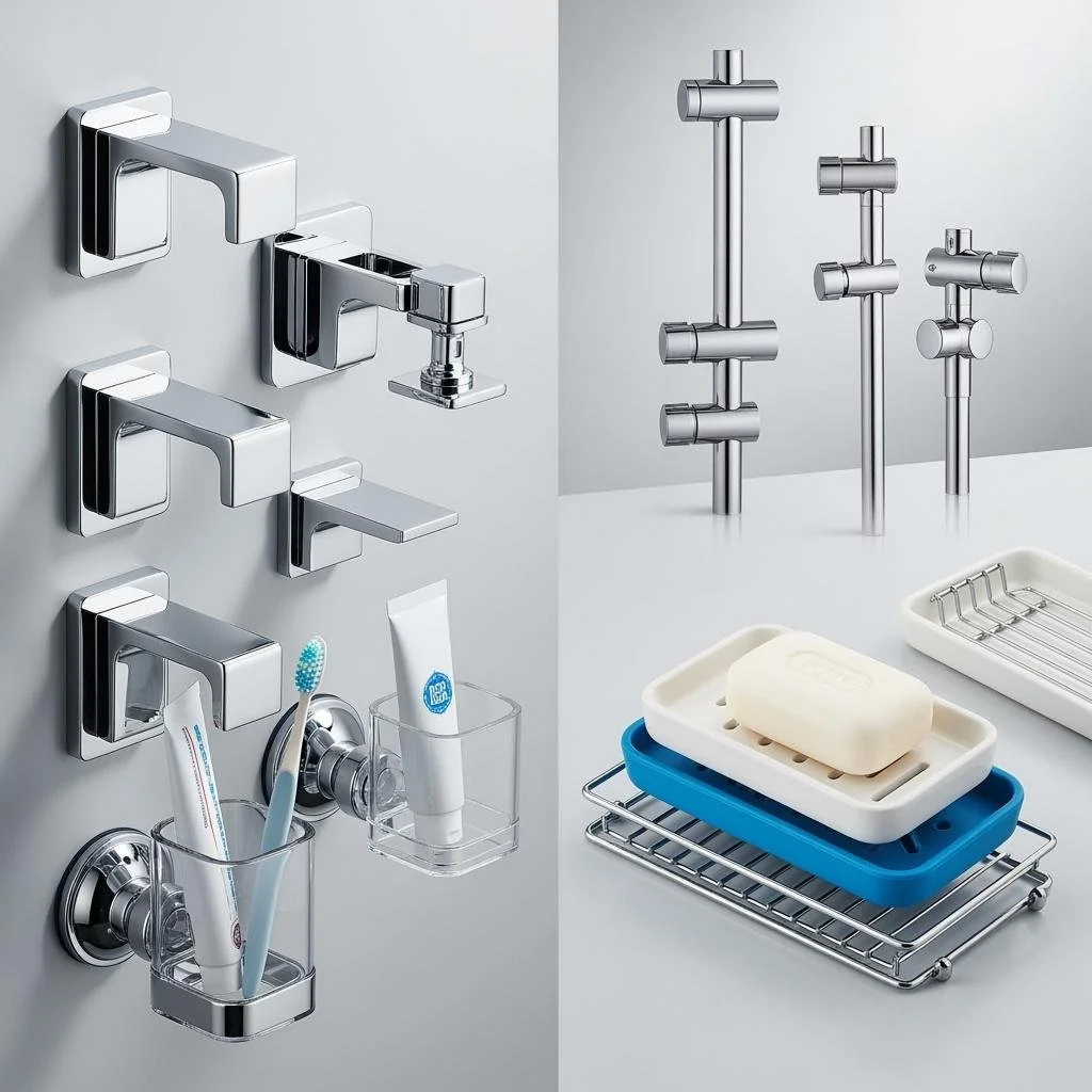 Collection of modern bathroom fixtures including multiple chrome faucets, showerheads, and accessories such as toothbrush holder, soap dish, and soap in a bathroom setting.