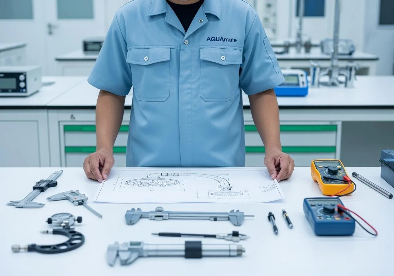 A person in a blue uniform standing behind a table with engineering tools and a blueprint, in a laboratory or engineering workspace.