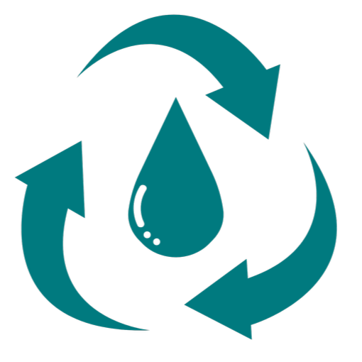 Recycling symbol with a water droplet in the center.