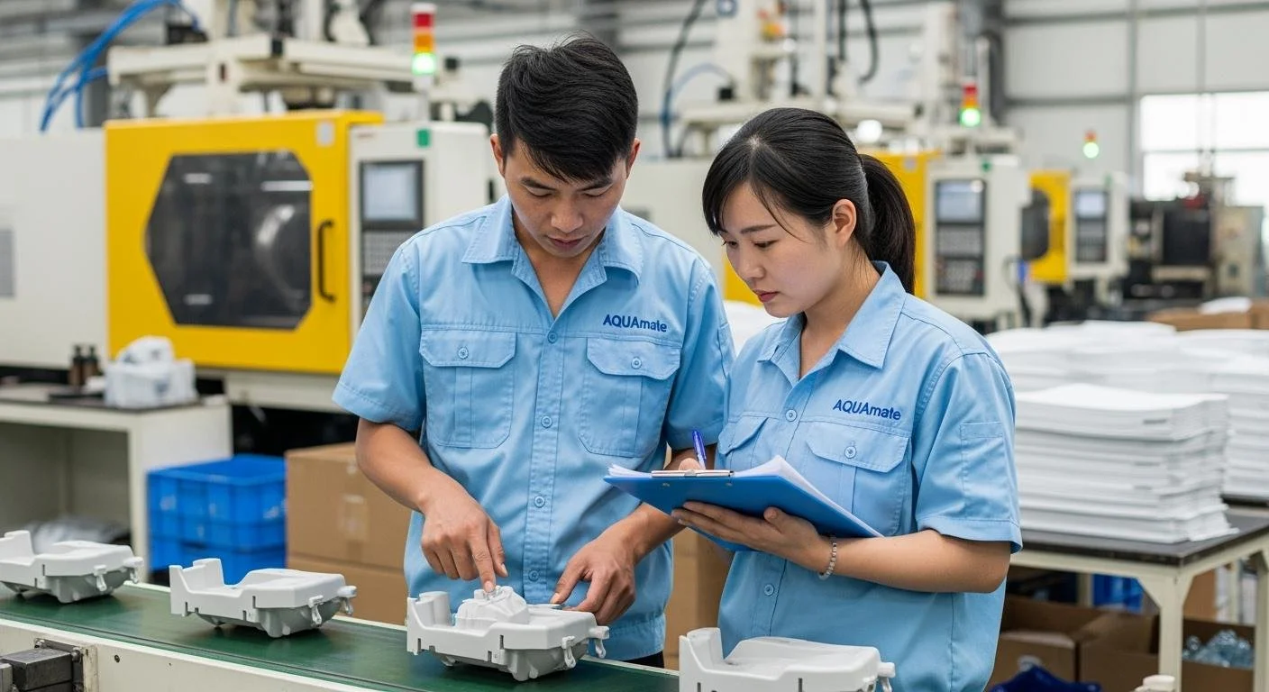 Two factory workers inspecting plastic components on a conveyor belt in an industrial manufacturing facility.