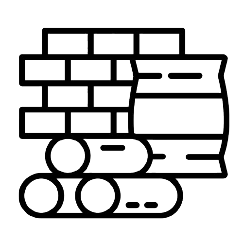 Line drawing of a brick wall, a barrel, and stacked logs with circles at the bottom, possibly representing a rustic scene or fireplace setup.