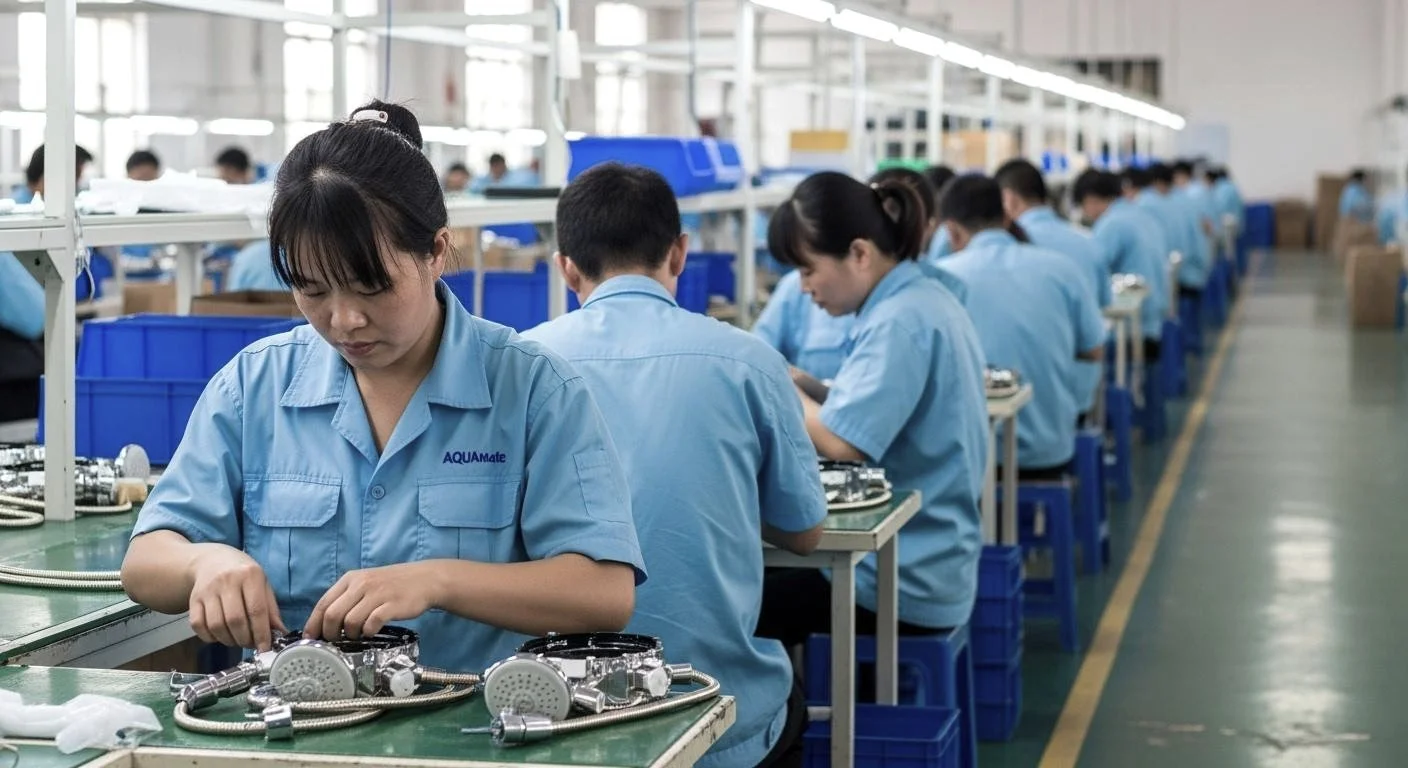 Manufacturing and assembly solutions. Workers in blue uniforms assembling and inspecting metal components at workstations in a factory setting.