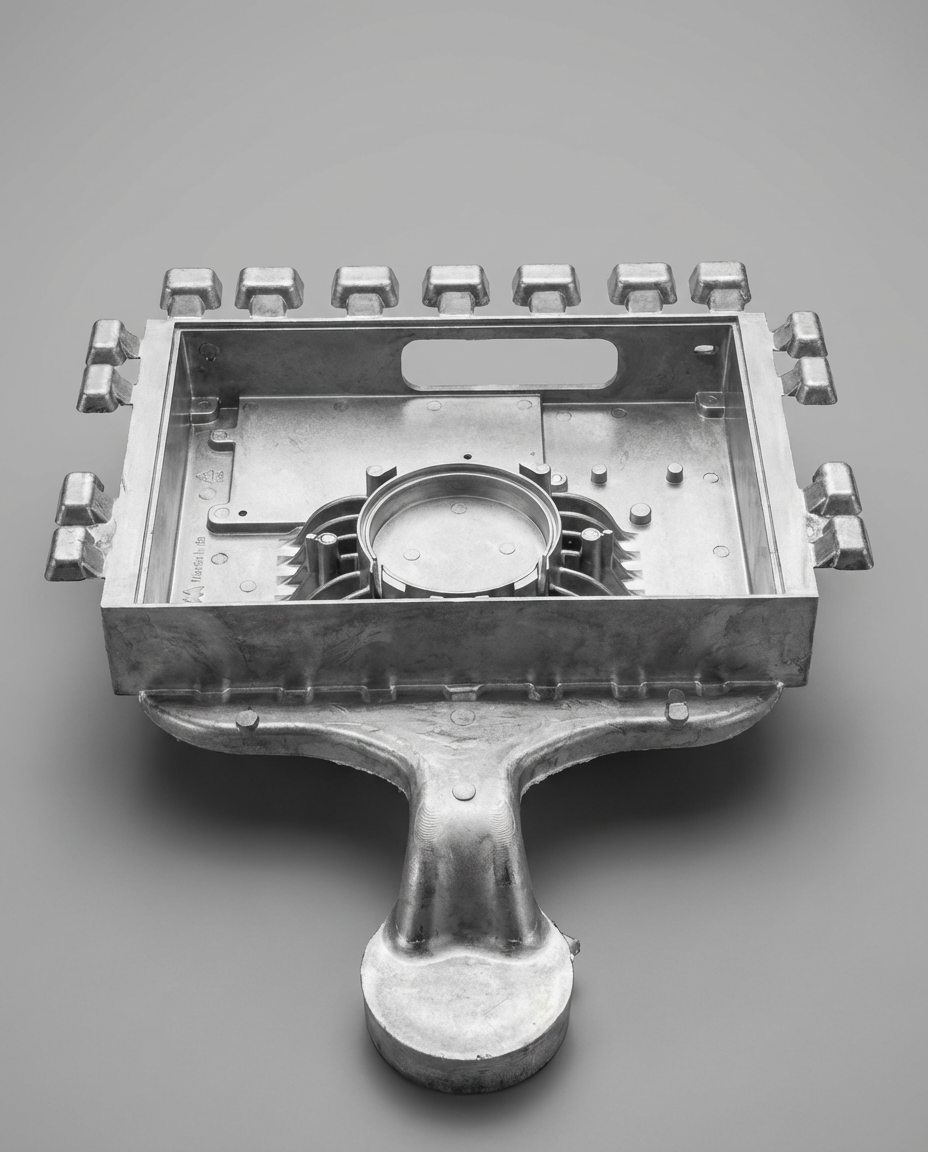A metal electrical box with mounting brackets and an open interior, viewed from above on a plain gray background.