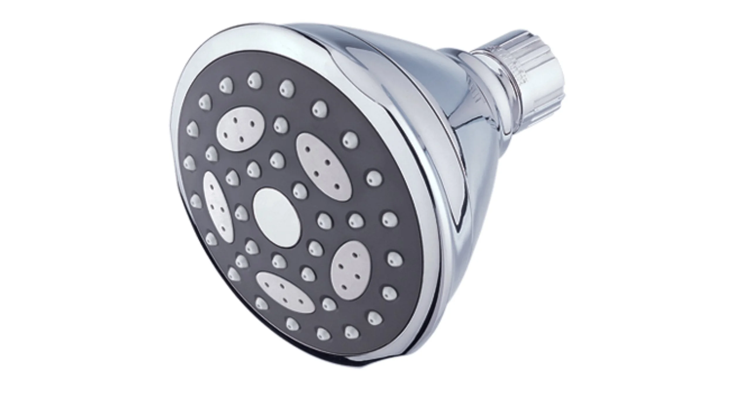 A chrome showerhead with multiple spray holes and adjustable settings.