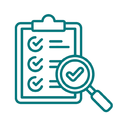 Icon of a clipboard with checklist and a magnifying glass highlighting a checkmark.