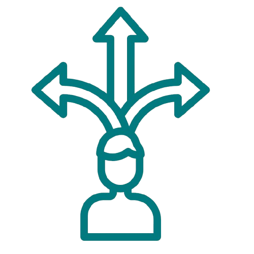 Simple line drawing of a person with arrows pointing in four directions from their head, representing choices or options.