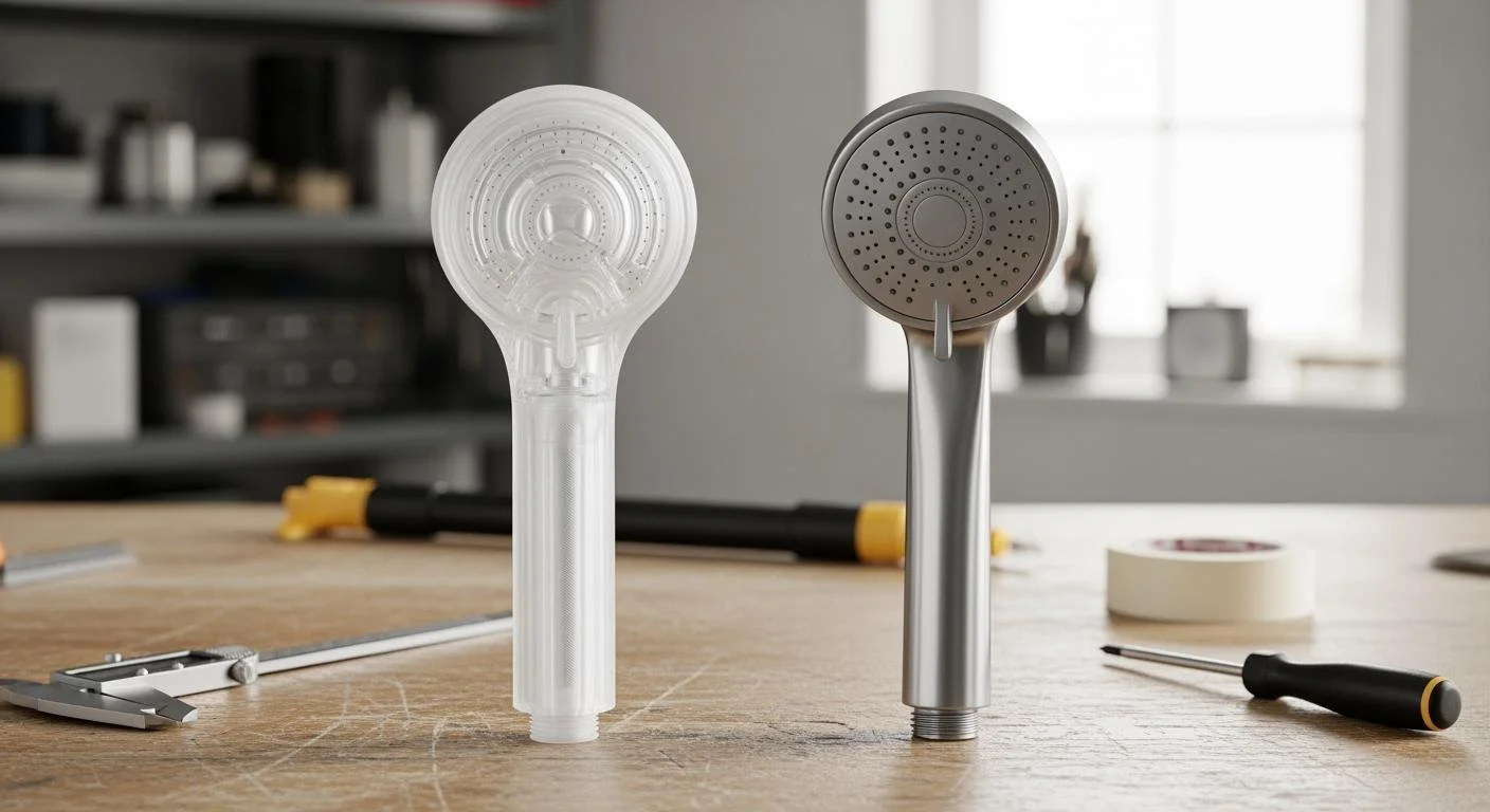 Two shower heads prototypes, one clear plastic and one metal, are placed on a workbench with tools including a caliper and screwdriver nearby. proof of concept