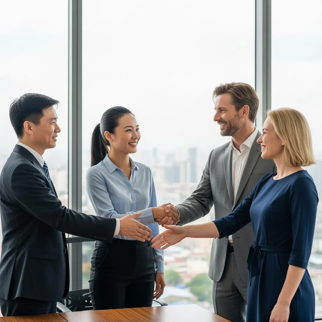 Two men and two women shaking hands in a business meeting, smiling, in a modern office with large windows showing a cityscape.
