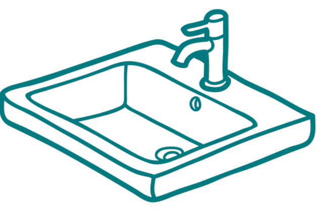 Outline sketch of a kitchen sink with a faucet and a water droplet.