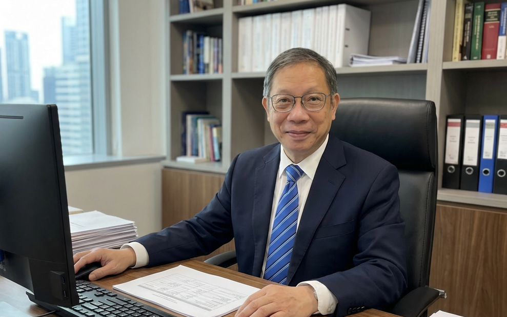 AQUAmate's founder, Mr Hans Lee. A man in a business suit and glasses sitting at a desk in an office. He is smiling and working on a computer, with stacks of papers in front of him and bookshelves with binders and books behind him.