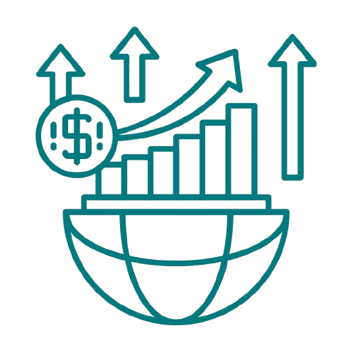 Folio icon, upward trending arrows, bar chart, and globe representing global financial growth.