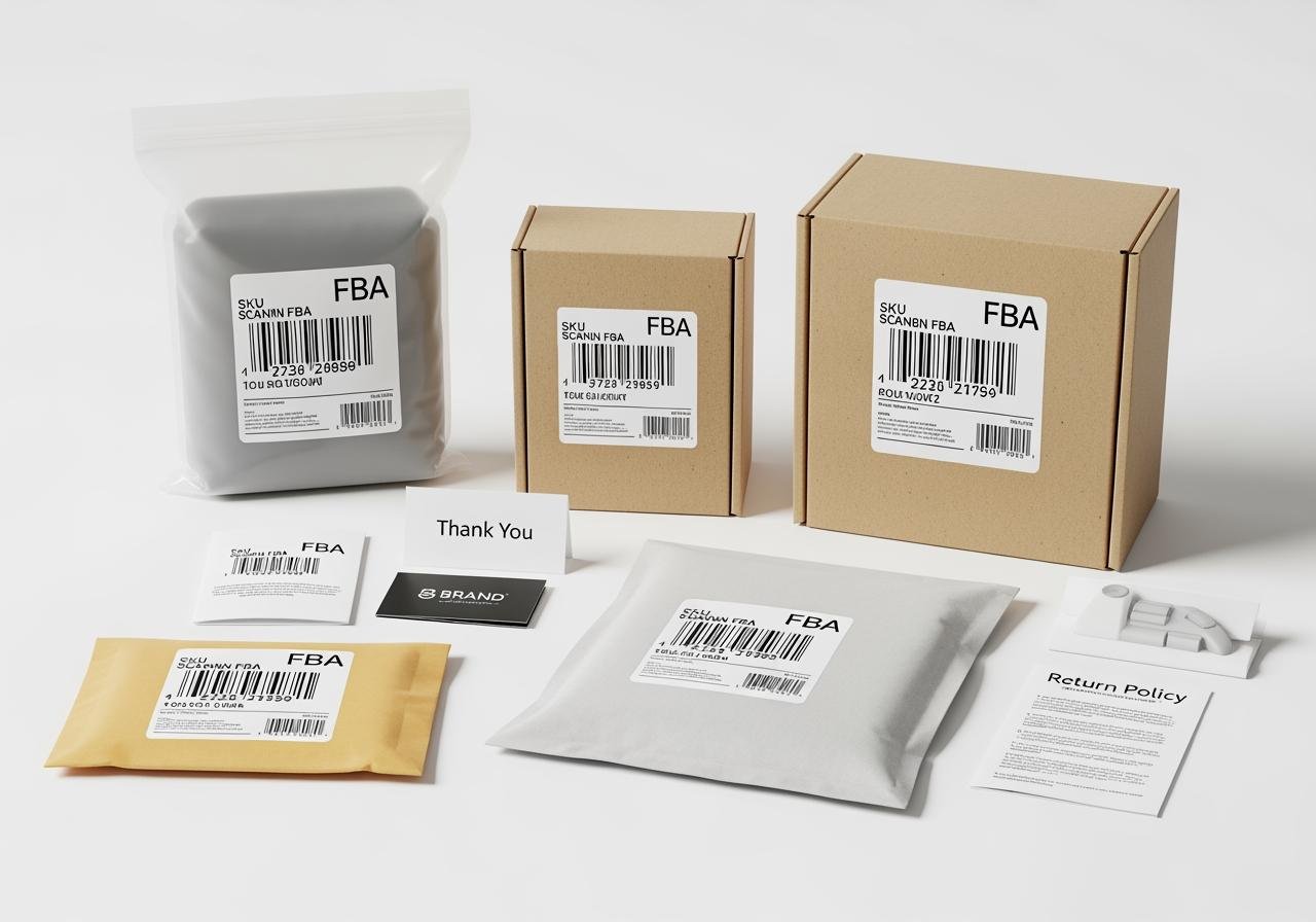 Several packages, labels, and a "Thank You" note on a white surface, all with barcode labels and 'FBA' printed on them, indicating Amazon's fulfillment service.