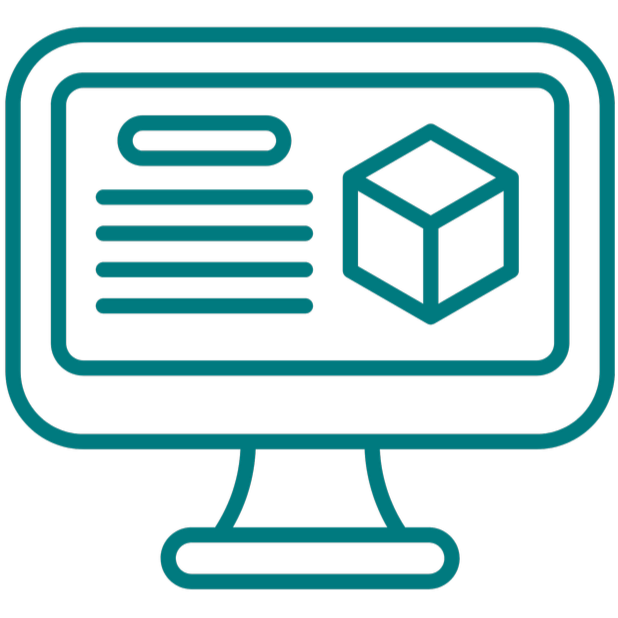Icon of a computer monitor displaying a 3D cube and text lines, representing 3D modeling or design software.