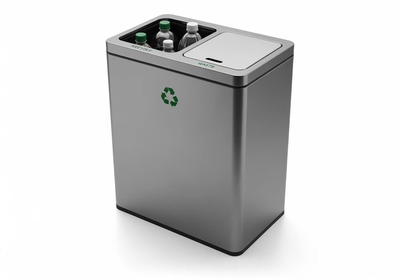 Silver recycling bin with bottles inside, label indicating recycling and waste separation.