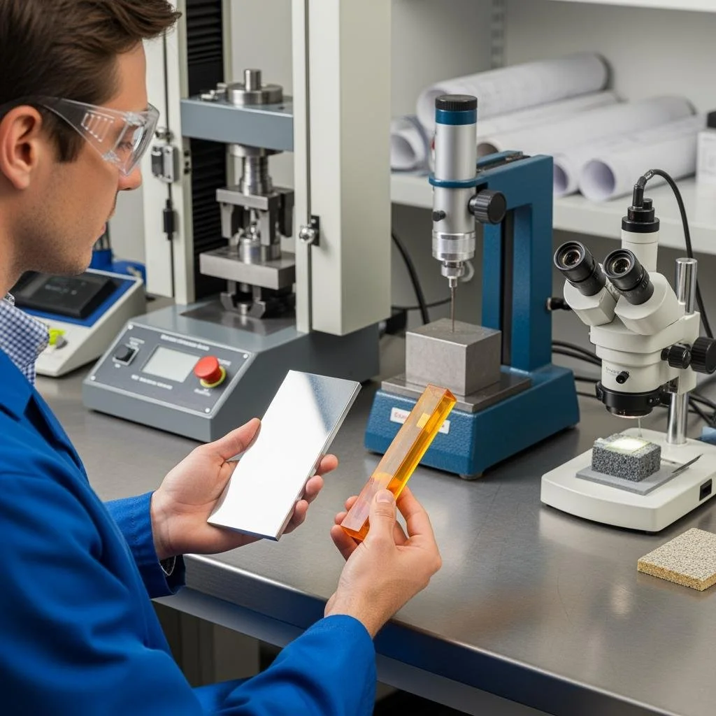 Research scientist inspecting a sample in a laboratory with microscopes, testing equipment, and scientific tools.