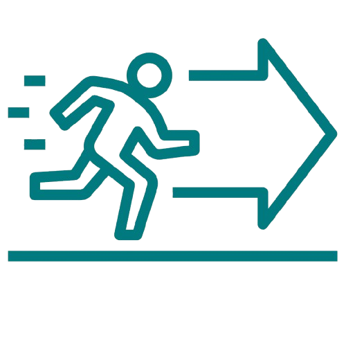 Icon of a person running towards a large arrow pointing to the right.