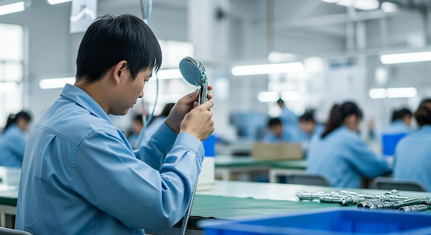 Close-up of a worker inspecting a metallic part in a manufacturing facility, wearing a light blue uniform with other workers in similar uniforms working at tables in the background.