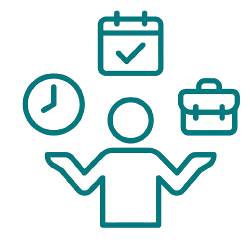 Icon of a person juggling a clock, calendar with a checkmark, briefcase, and a circle.