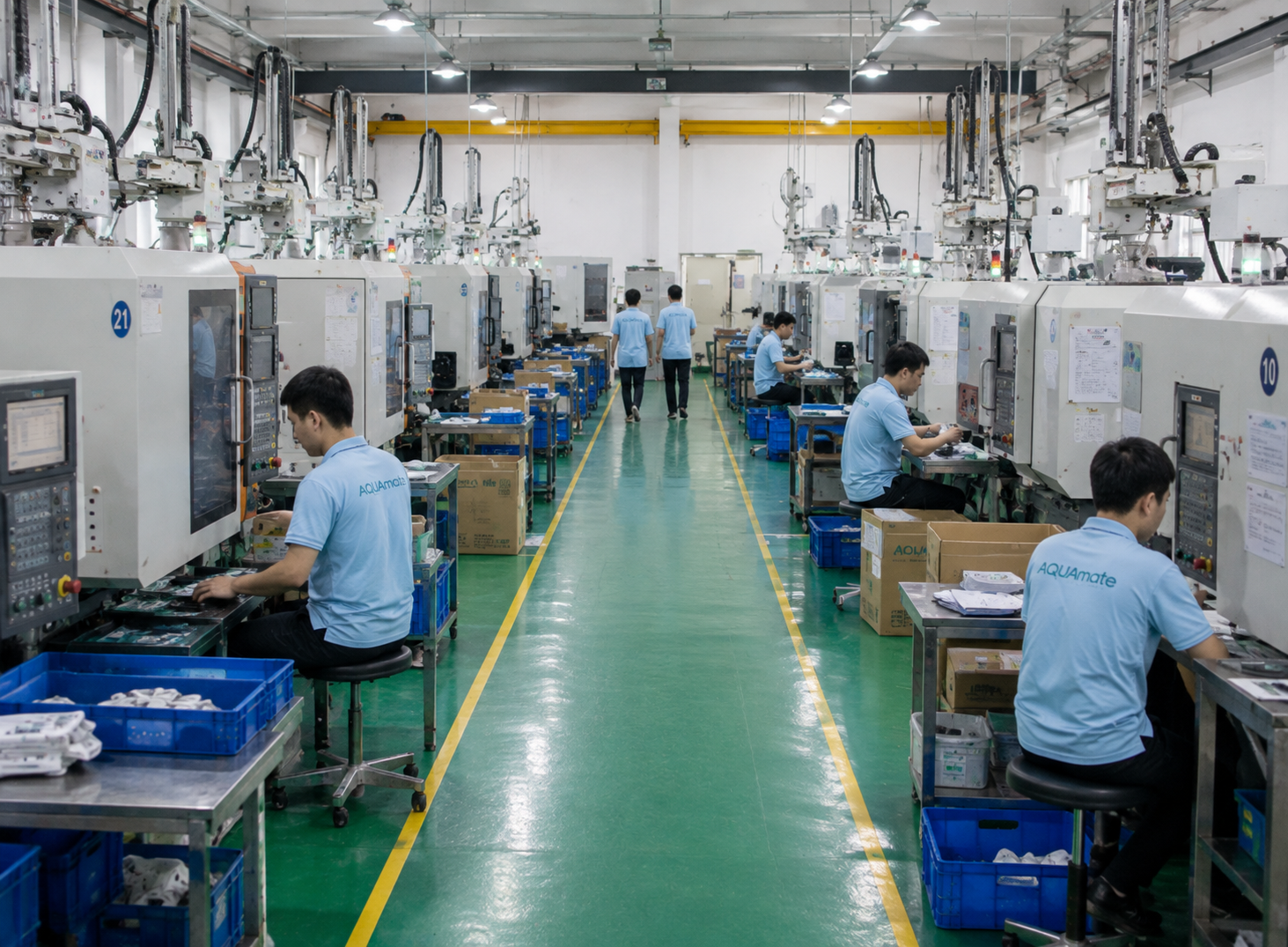 Plastic injection molding services. Inside a factory with workers operating injection molding machines in an assembly line, wearing blue uniforms. The machines are arranged in two rows with a green walkway in the middle.