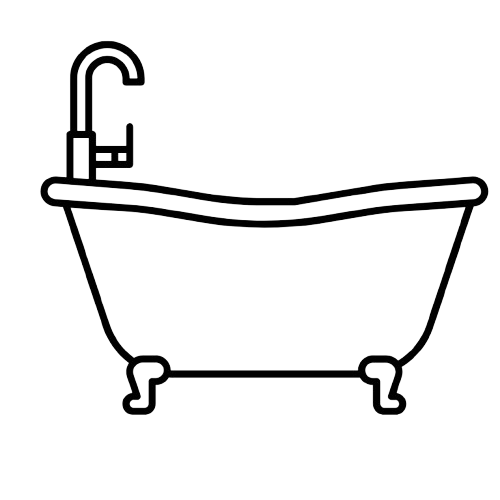 Outline drawing of a vintage clawfoot bathtub with a faucet, on a black background.