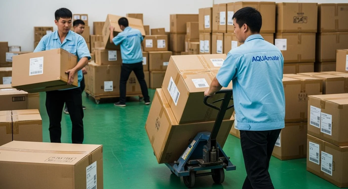 Workers in a warehouse handling cardboard boxes, some lifting and others moving boxes on a hand truck. They are wearing light blue shirts with 'AQUAmate' logos, surrounded by filled boxes.