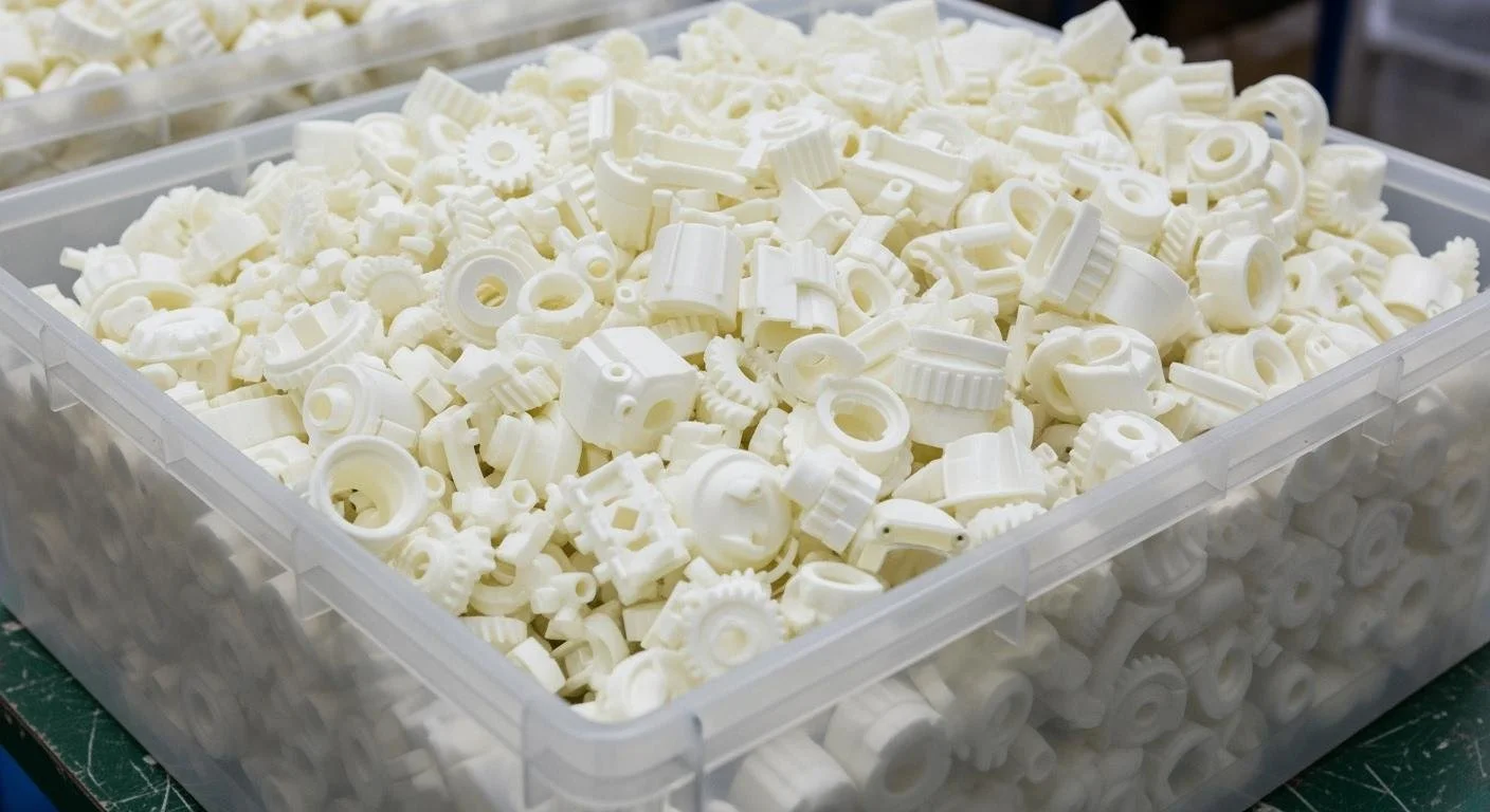 A large clear plastic container filled with small, white, plastic mechanical gear parts.