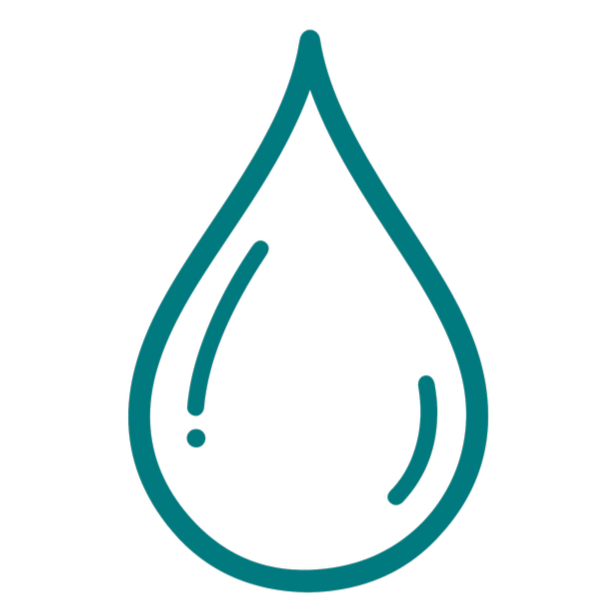 A teal outline of a water droplet on a black background.