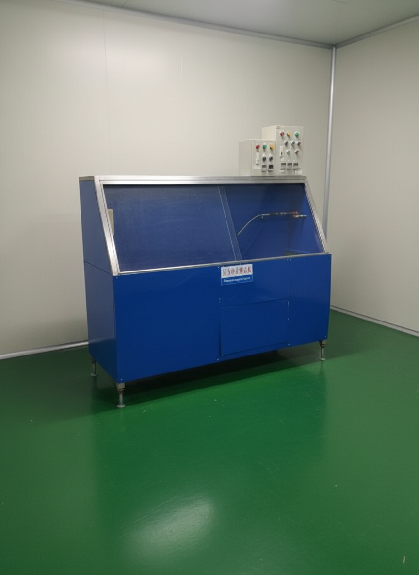 A blue industrial cleaning or processing machine with a transparent cover and control panel with multiple buttons and indicator lights in an empty room with green floor and plain white walls.