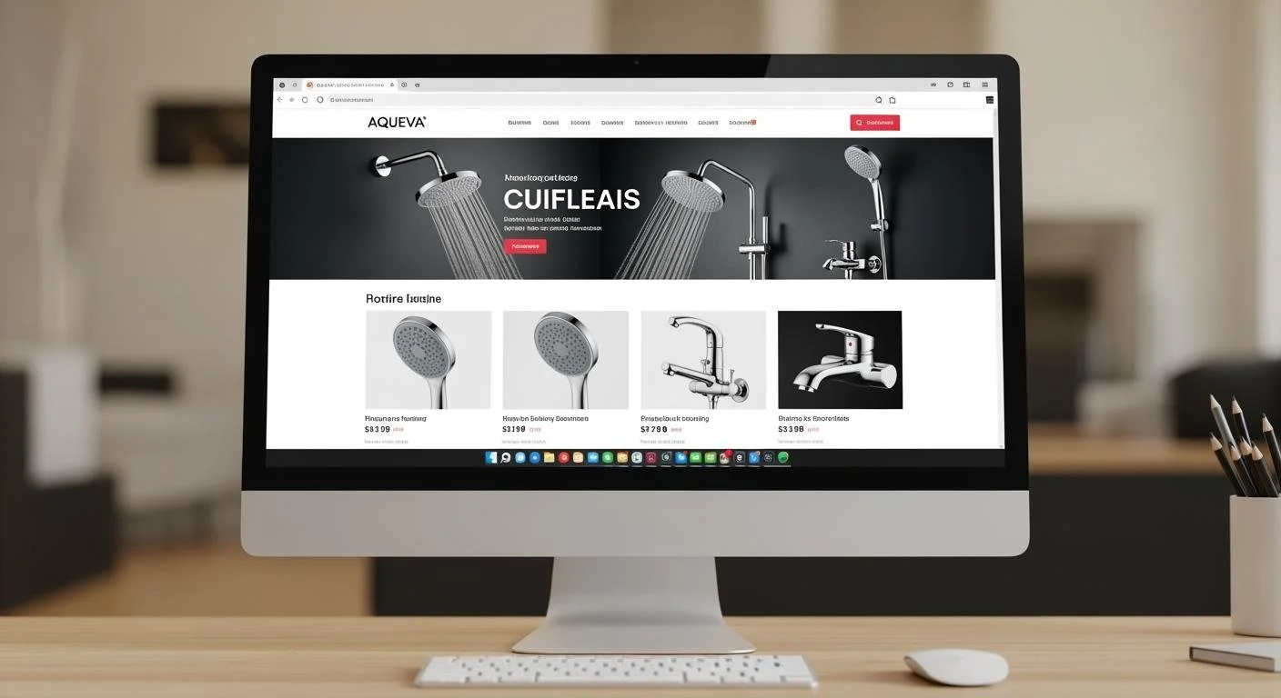 Computer screen displaying an online store for kitchen fixtures, showcasing showers and faucets.