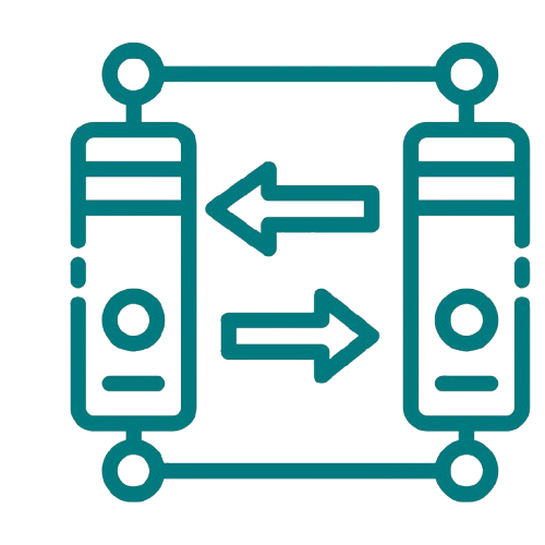 Graphic icon depicting two smartphones connected with arrows indicating data transfer between them.