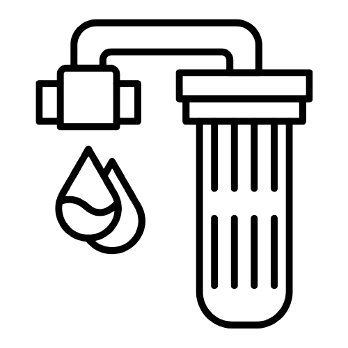 Line drawing of a water filter with a small water droplet below it.