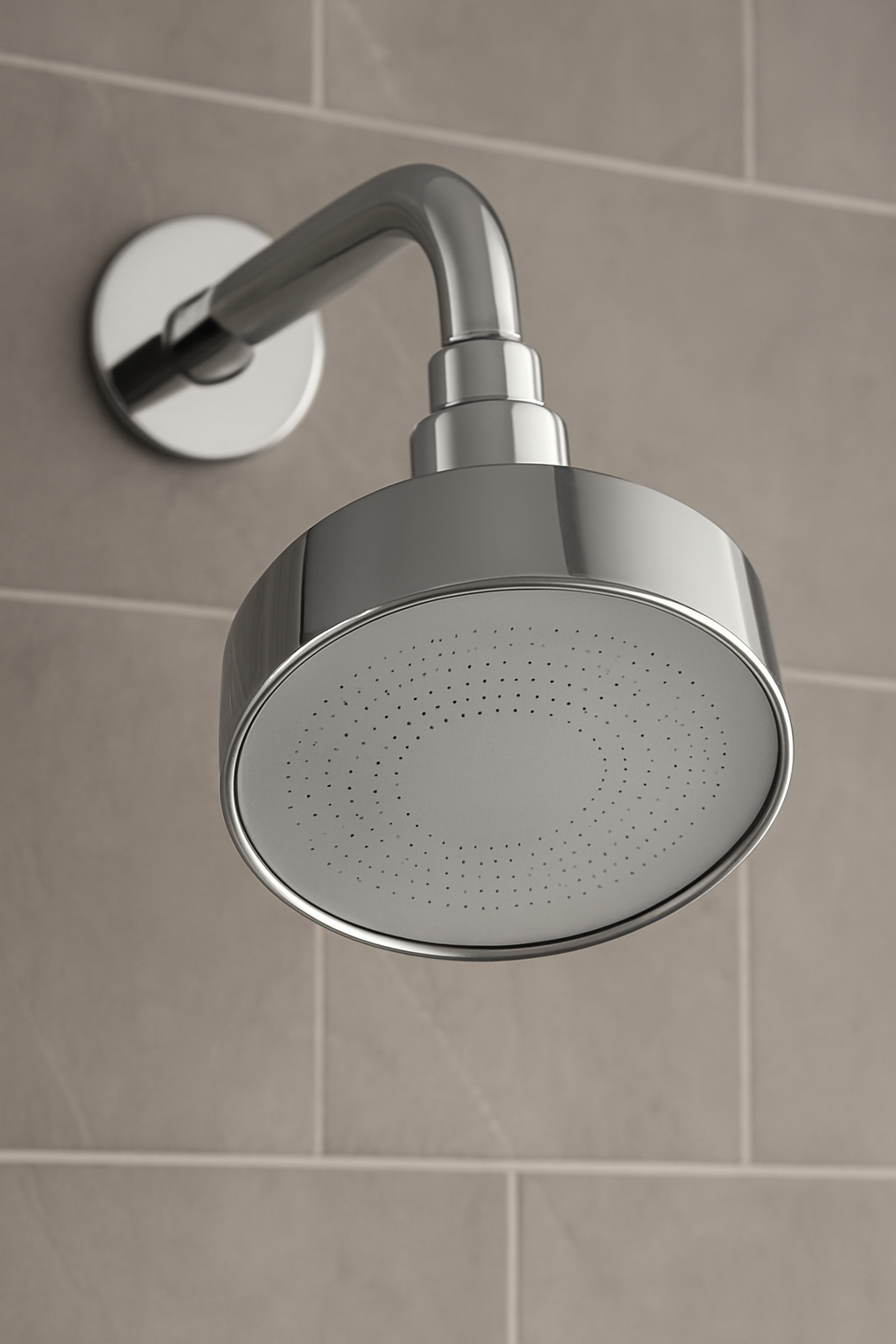 Close-up of a metallic showerhead mounted on a tiled wall.