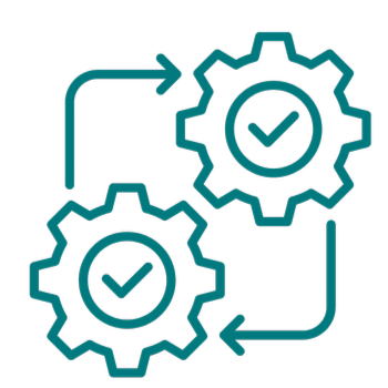 Two interconnected gears with check marks inside, representing a process flow or system operation.