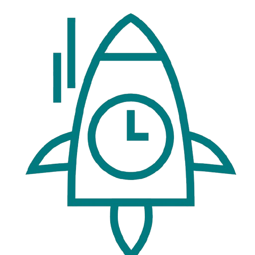 A simple line drawing of a rocket with a clock on its body, and a small design or window at the top, all depicted in teal color.