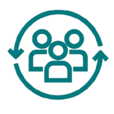 Icon of three people with arrows forming a circle around them, representing teamwork or collaboration.