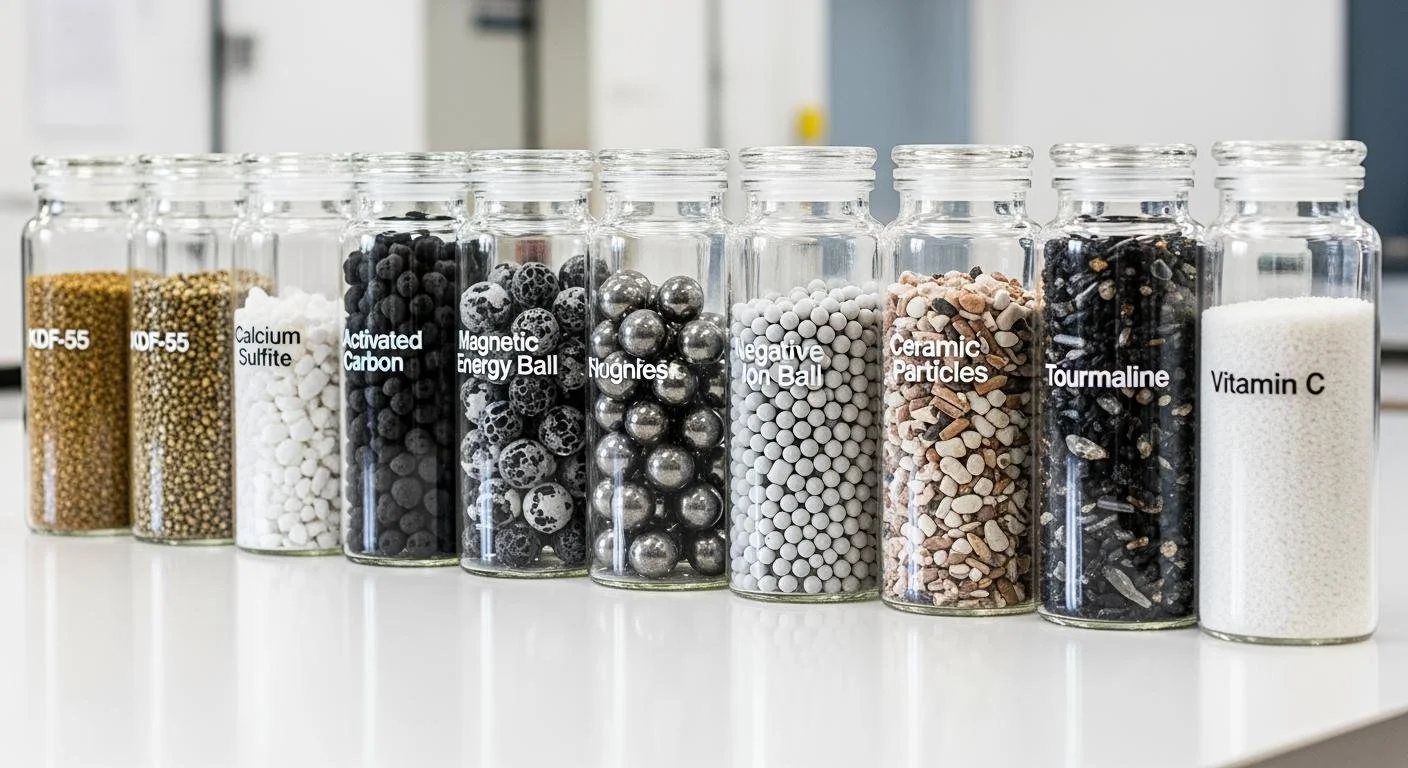 Row of glass jars on a white table, labeled from left to right: KDF-55, Calcium Sulfite, Activated Carbon, Magnetic Energy Ball, Magnets, Negative Ion Ball, Ceramic Particles, Tourmaline, Vitamin C, each containing different granular materials.